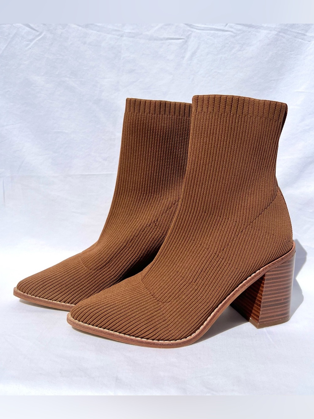 Steven Brown Tan Cognac Sock Mid-Calf Block Heel Slip On Boots Women’s Size 8